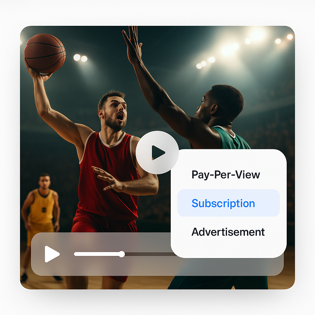 A modern polished hero image for a streaming platform The main scene shows an exciting live sports moment for example football handball or basketball-4